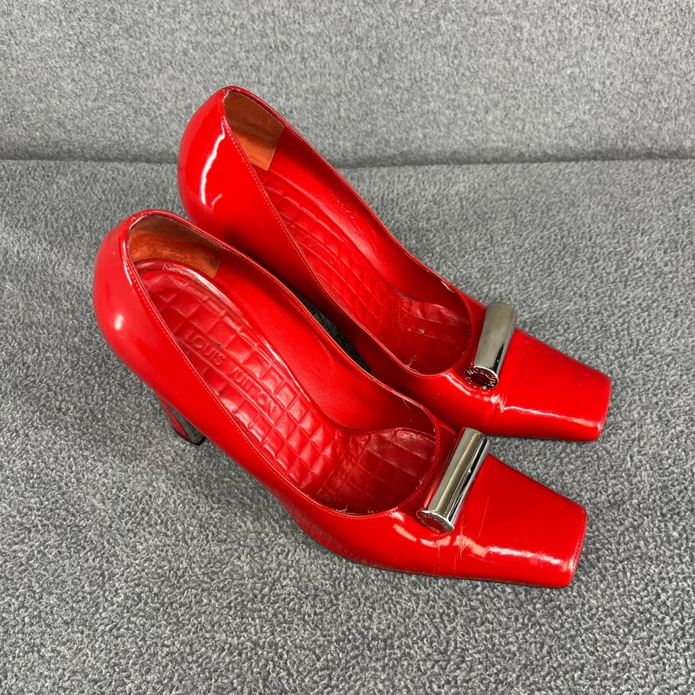 Louis Vuitton Shine Pump Women 39 Red Patent Leather Square‎ Toe Cylinder Heels - Picture 2 of 16